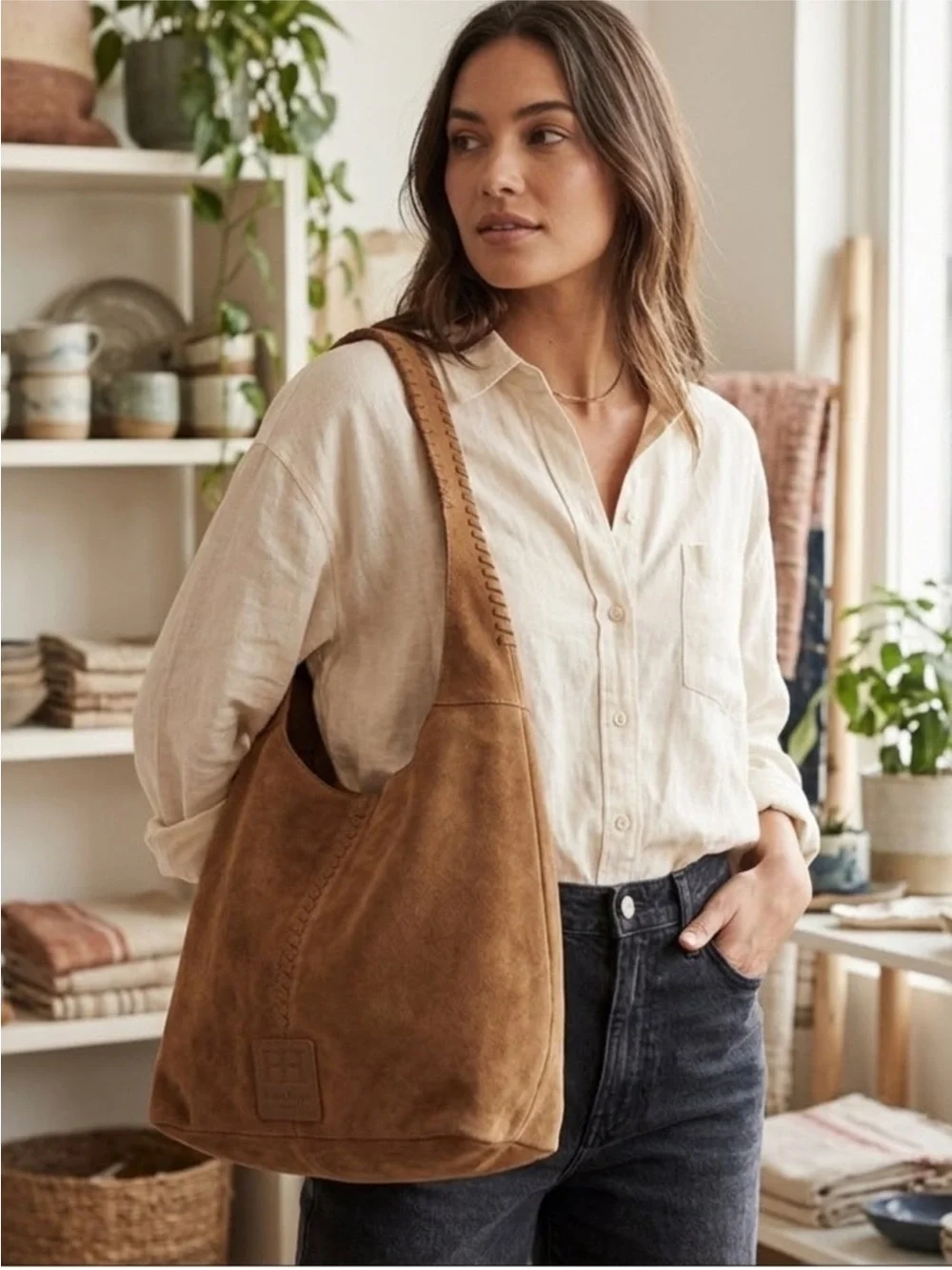 Haute Hippie Brown Suede Messenger Tote with Stitched Detail